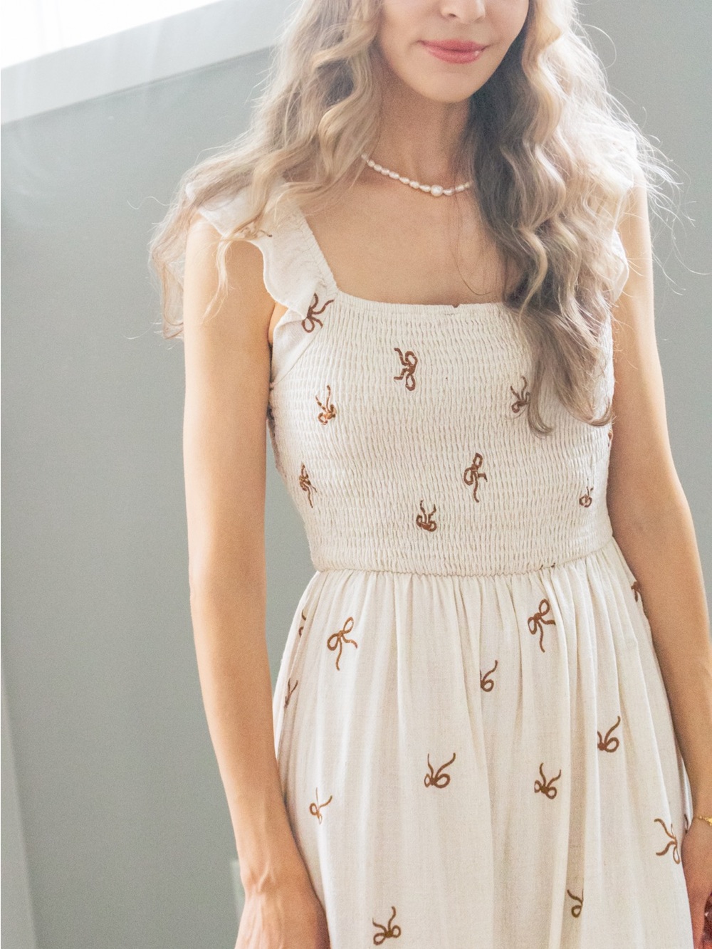 Umgee Cream Midi Dress with Bow Embroidered Motifs